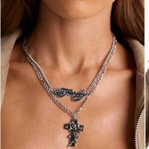 Ed Hardy Rose Cross Layered Necklace
